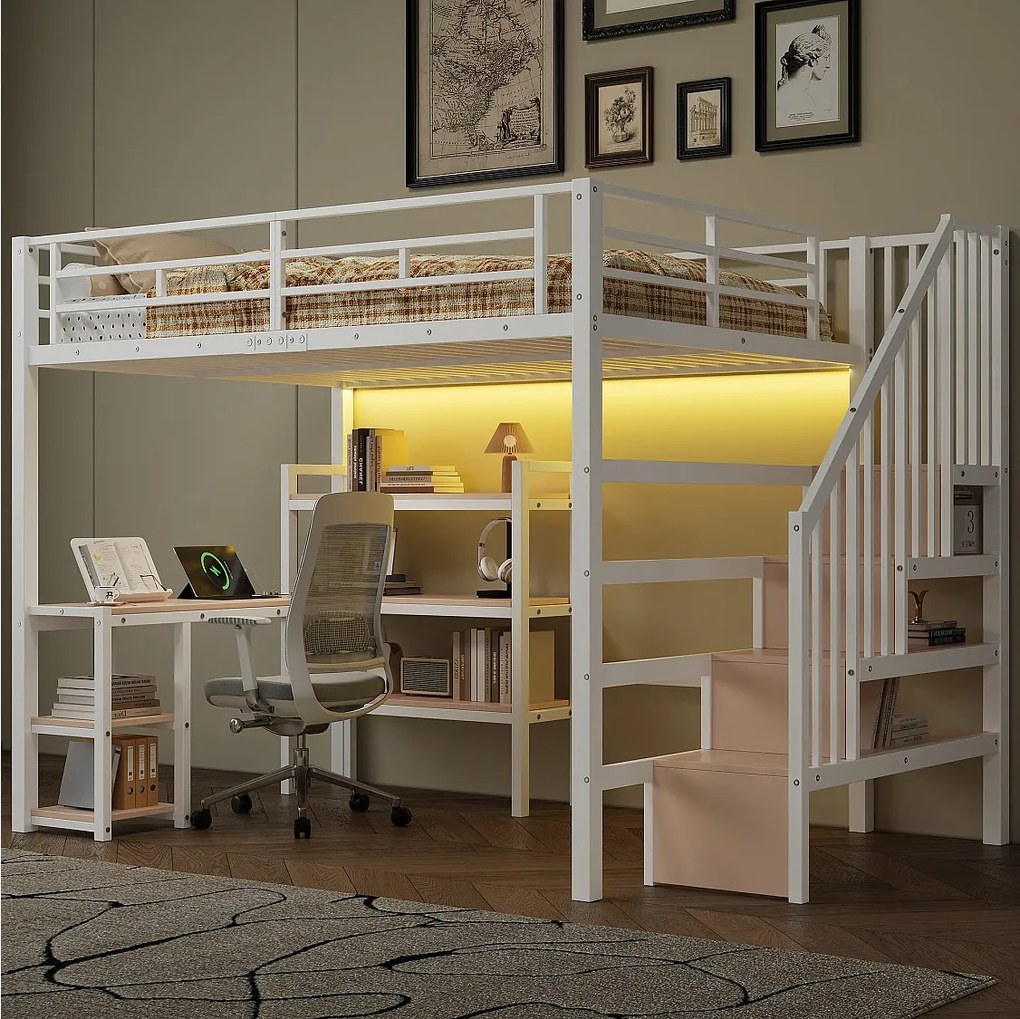 Łóżko piętrowe metalowe - 140 x 200 cm - z drabinką + biurko + port USB + diody LED - białe