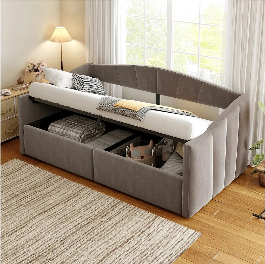 Tapicerowana sofa z funkcją spania - 90 x 200 cm - z hydraulicznym schowkiem + podłokietnikami - aksamit + metal + sklejka + MDF - szary