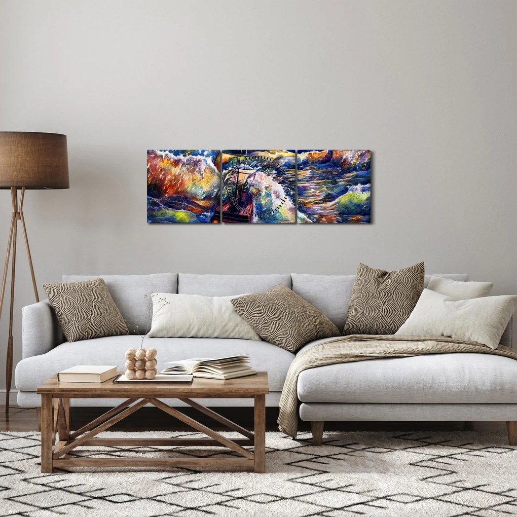 Obraz - Statek na falach oceanu, akwarela (z zegarem) (90x30 cm)
