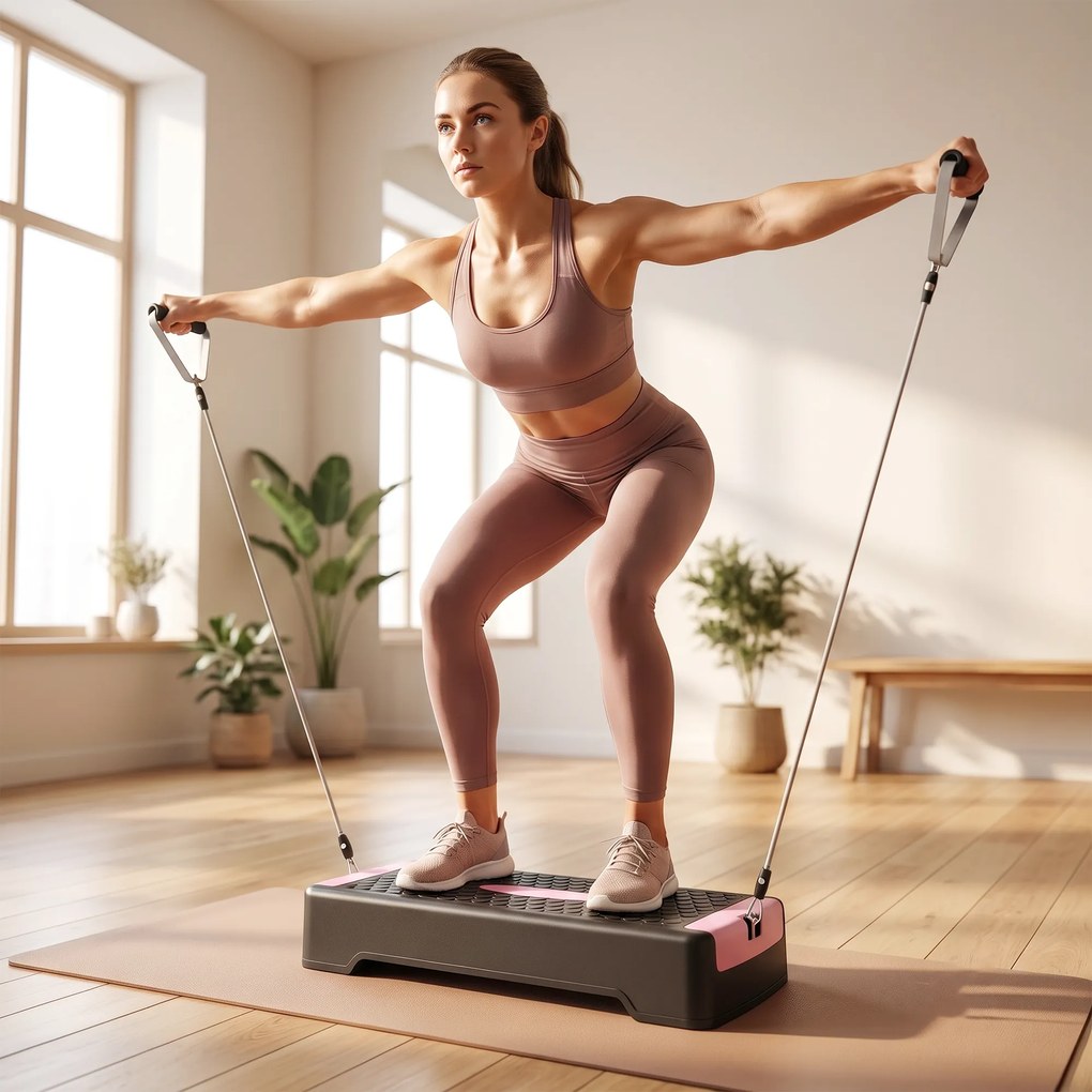 SPORTNOW Deska do stepu regulowana Fitness Aerobic Stepper 2 poziomy (11/16 cm) 2 taśmy oporowe, mata antypoślizgowa Różowy | Aosom PL