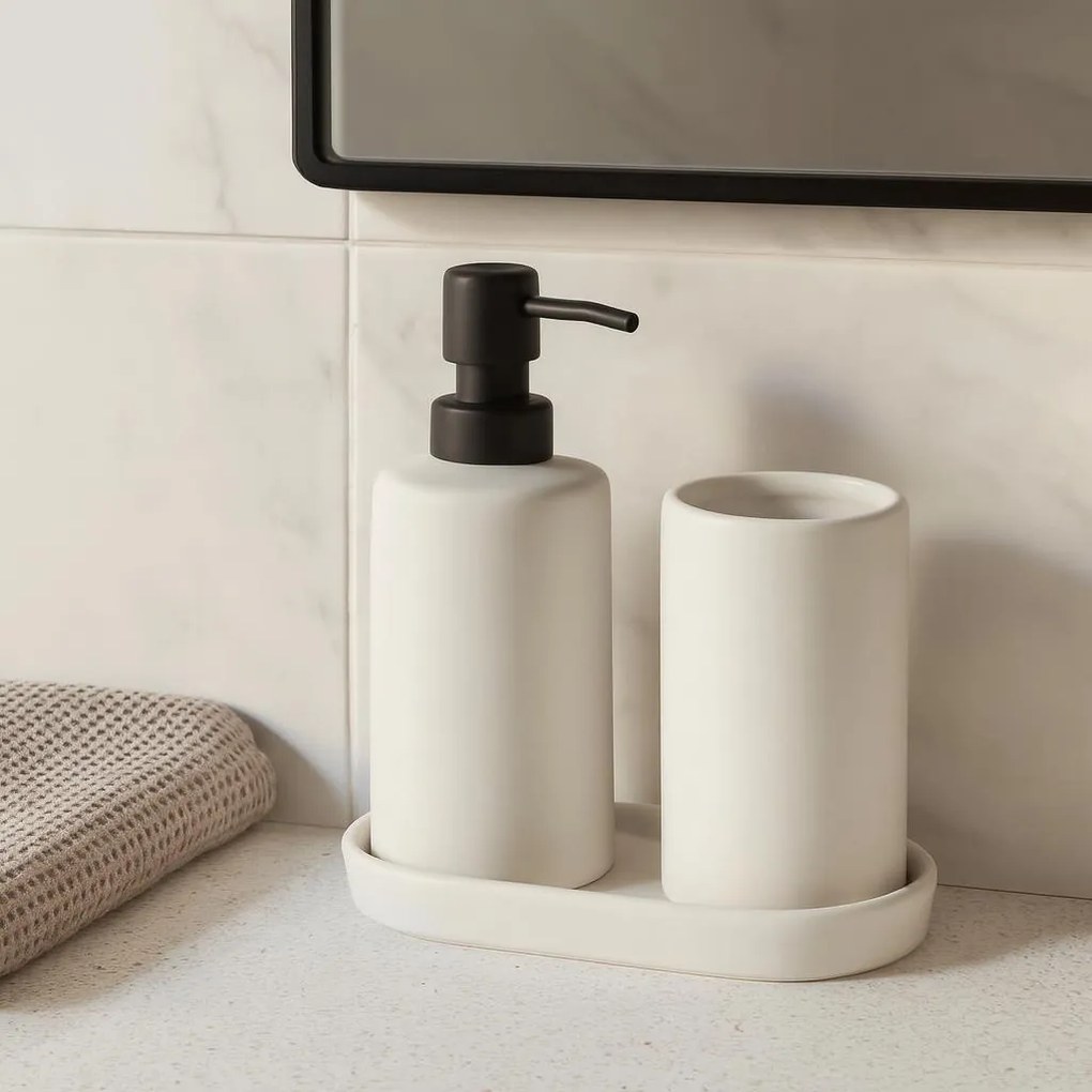 Zestaw łazienkowy PLY, ceramiczny dozownik, kubek i taca