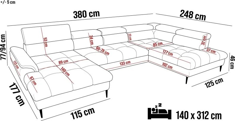 Narożnik EMPOLI XL układzie U z funkcją spania WERSAL
