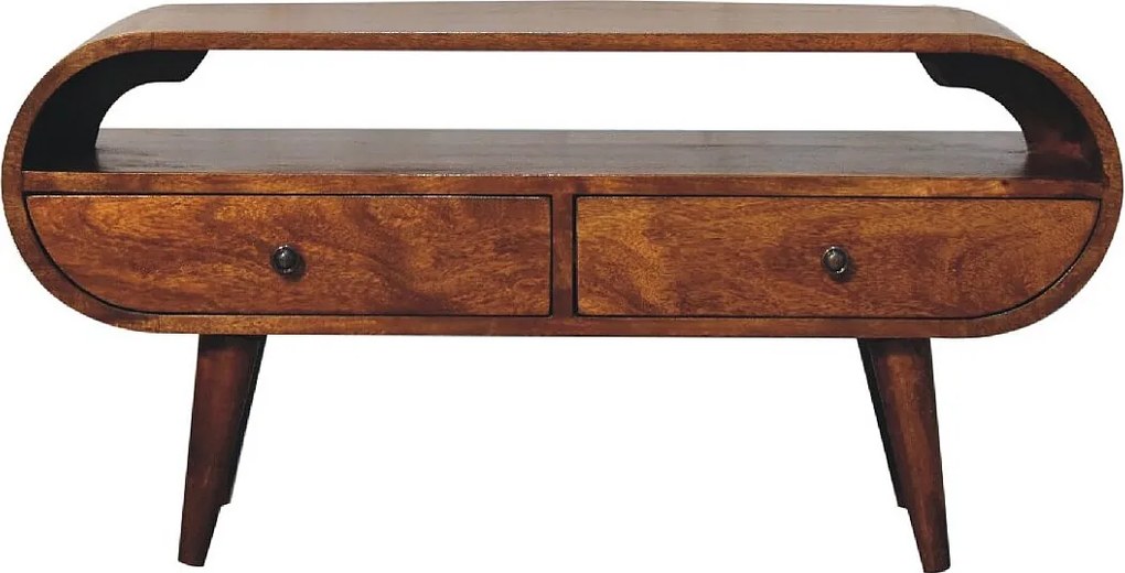 Okrągły mebel pod telewizor Artisan Furniture z drewna kasztanowego, 2 szuflady, 1 otwarta półka, brązowy