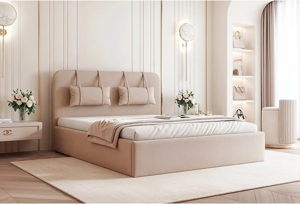 BESILIO Łóżko ze schowkiem z płyty 200x200 Monti - Łóżko slim, ozdobne poduszki ściągane, ze stelażem i pojemnikiem na pościel- Beżowy