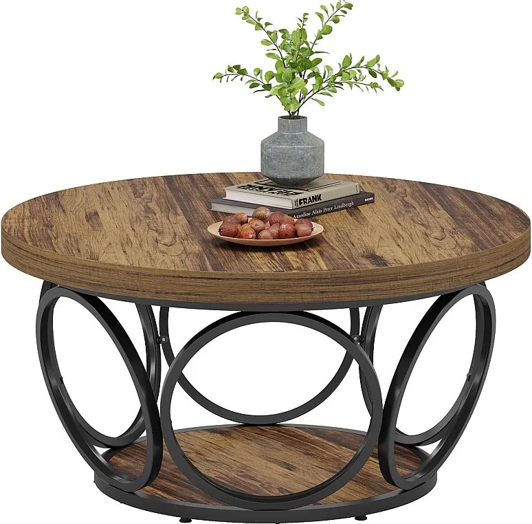 Okrągły stolik kawowy, 80 cm, Farmhouse Duży okrągły stolik do salonu z 2-poziomową przestrzenią do przechowywania