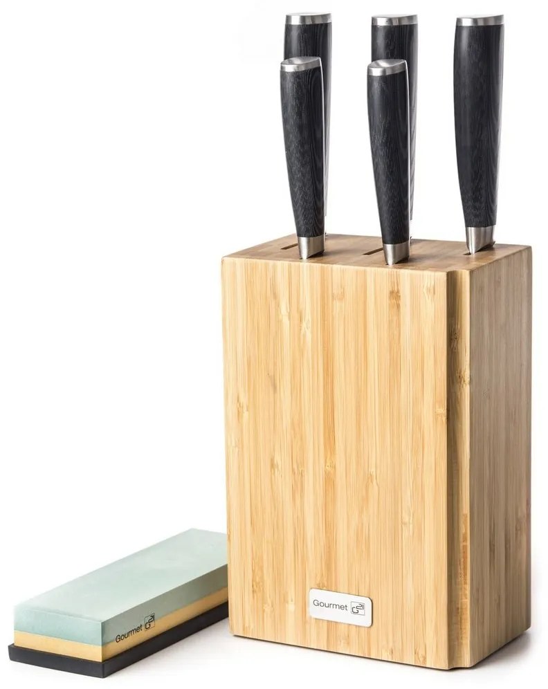 Zestaw noży G21 Damascus Premium w bambusowym bloku, pudełko, 5 szt. + kamień do ostrzenia