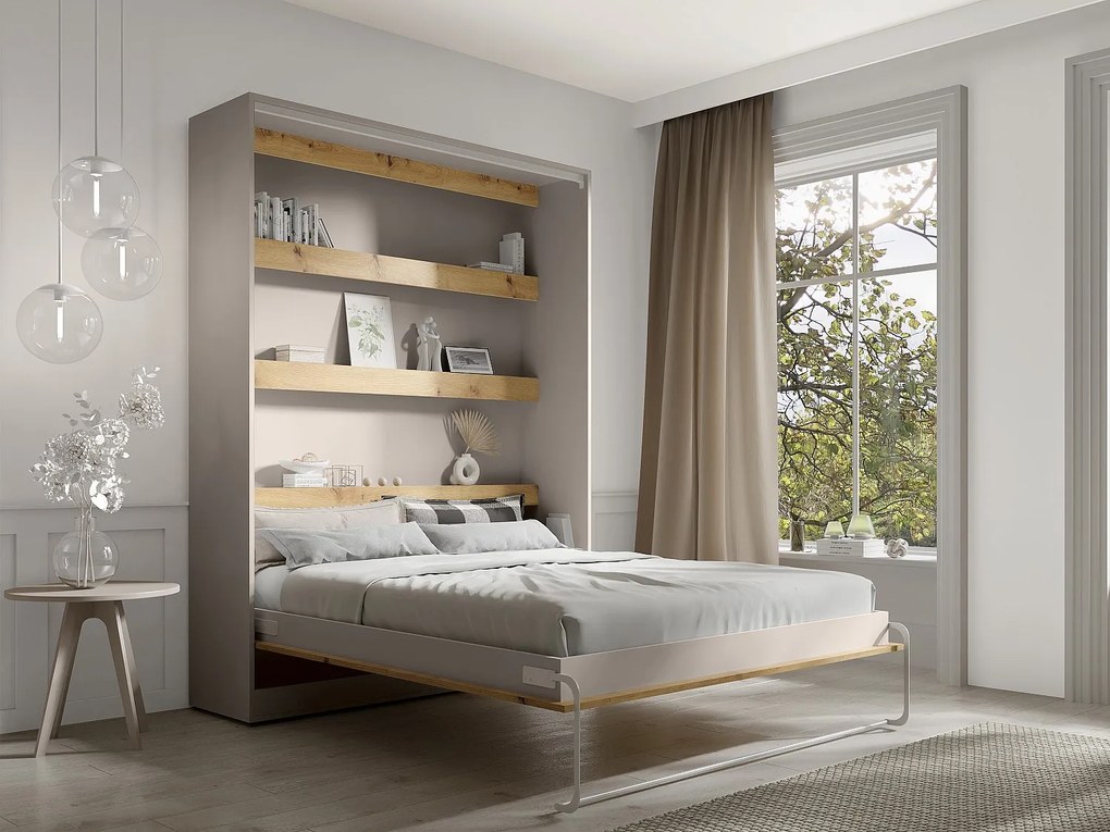 Łóżko chowane w szafie 160 x 200 cm - Ręczne otwieranie pionowe - Z diodami LED – Beżowy i naturalny + Materac - RAPILI