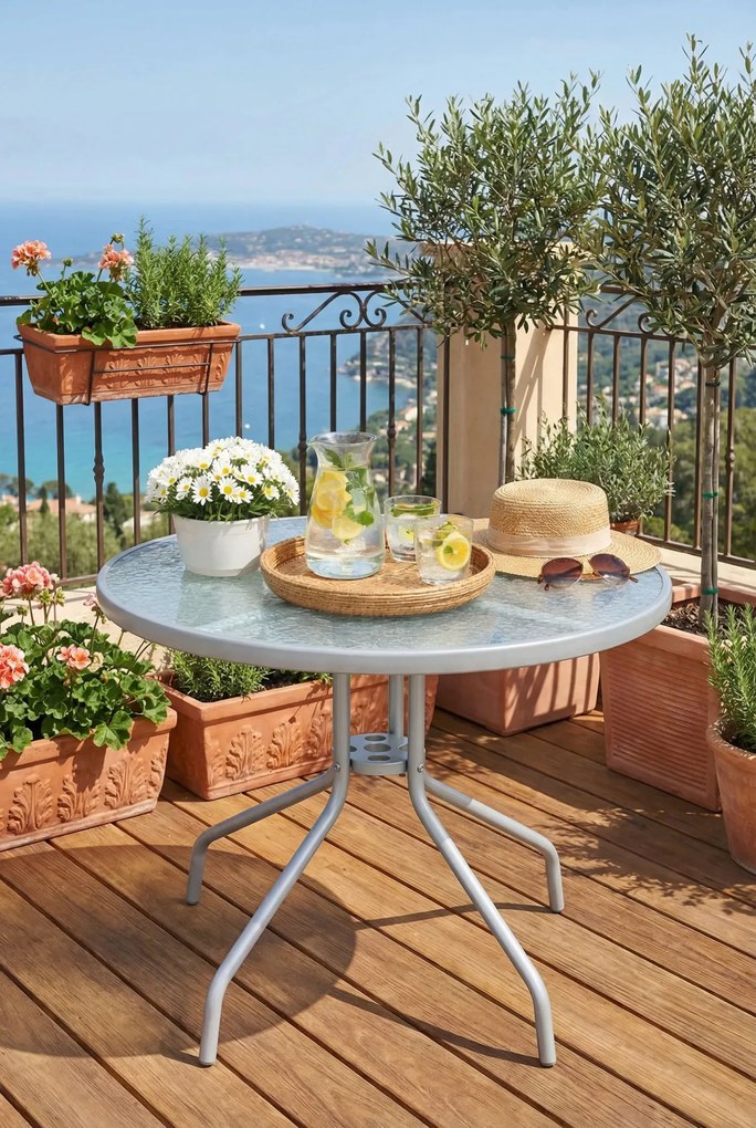 Metalowy stolik ogrodowy ze szklanym blatem - Gabriel 3X