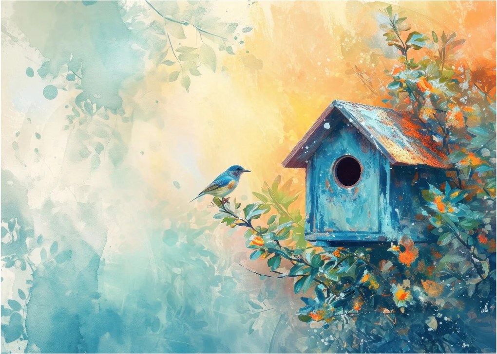 Obraz na szkle - Domek dla ptaków, akwarela (70x50 cm)