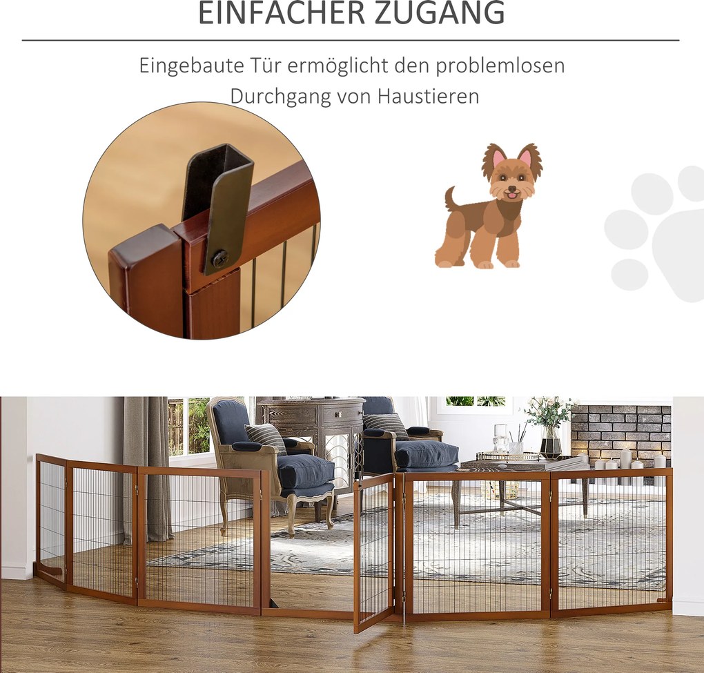 PawHut Barierka zabezpieczająca dla psów, składana, z drewna sosnowego, 432 x 36 x 70 cm, Kawa