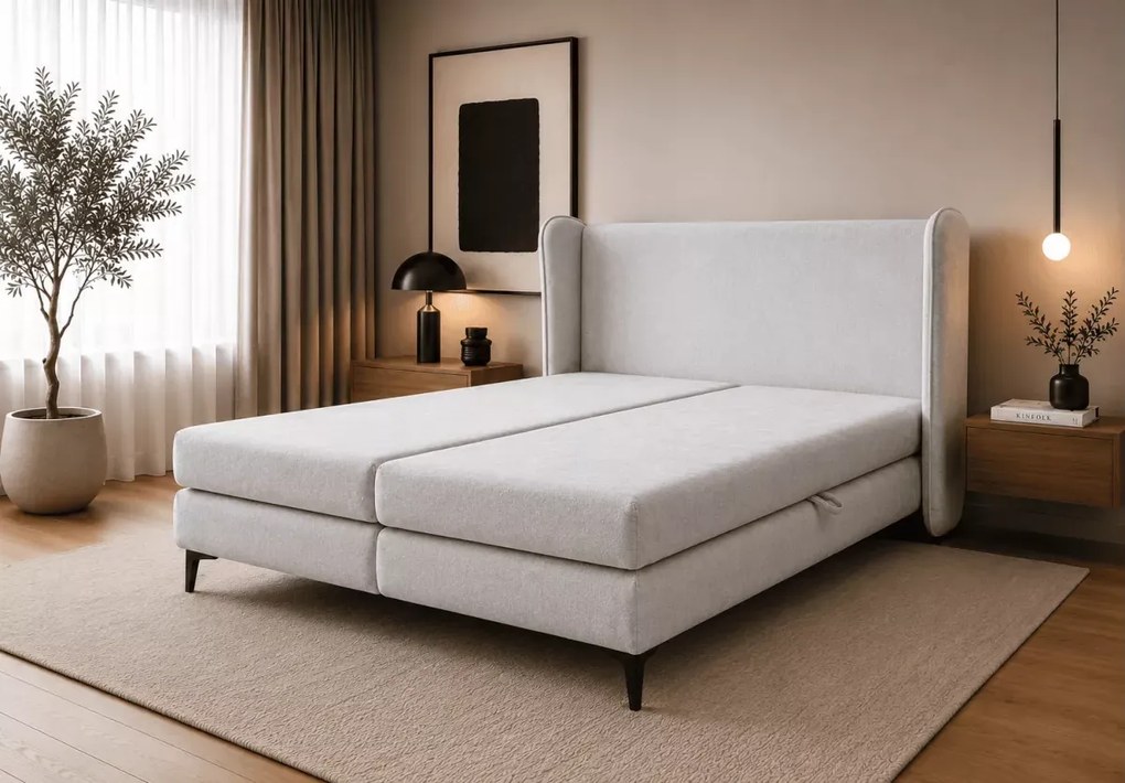 Łóżko kontynentalne Laine z pojemnikiem boxspring bonell H3 tapicerowane 120-200x200 cm