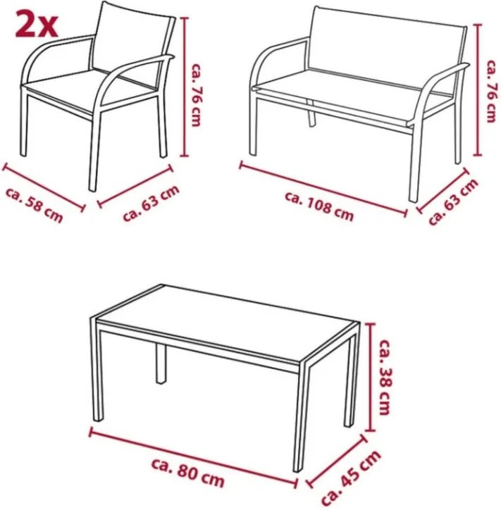 Zestaw ogrodowy LOUNGE z fotelami, ławką i stolikiem, szary