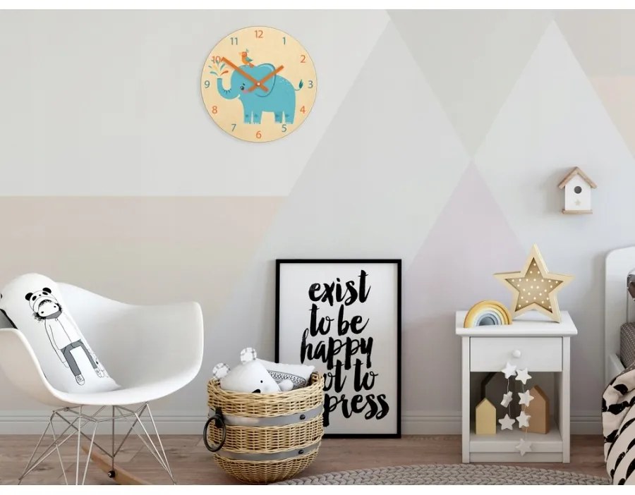 Zegar na ścianę cichy do pokoju dziecięcego drewniany nowoczesny słonik