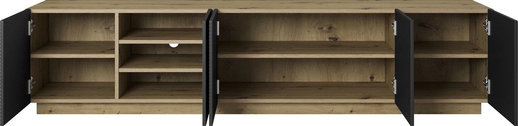 Szafka RTV Asha 200 cm pięciodrzwiowa z ryflowanym frontem - artisan / czarny mat