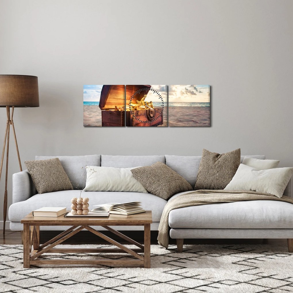 Obraz - Skarb na plaży (z zegarem) (90x30 cm)