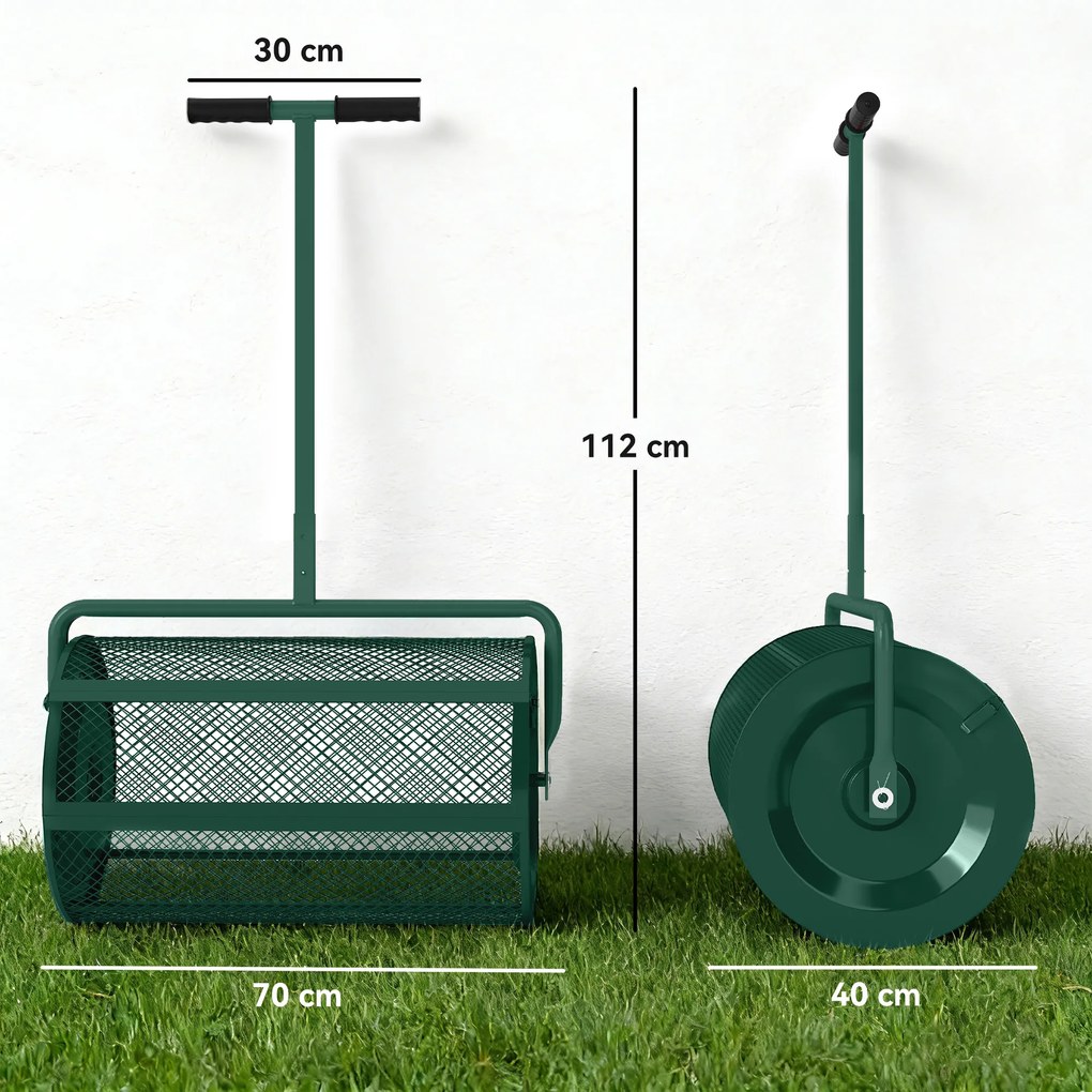 Outsunny Rozsiewacz kompostu 75 l 61x40cm rozsiewacz nawozu trawa ogród z uchwytem T kosz z siatki metal zielony | Aosom PL
