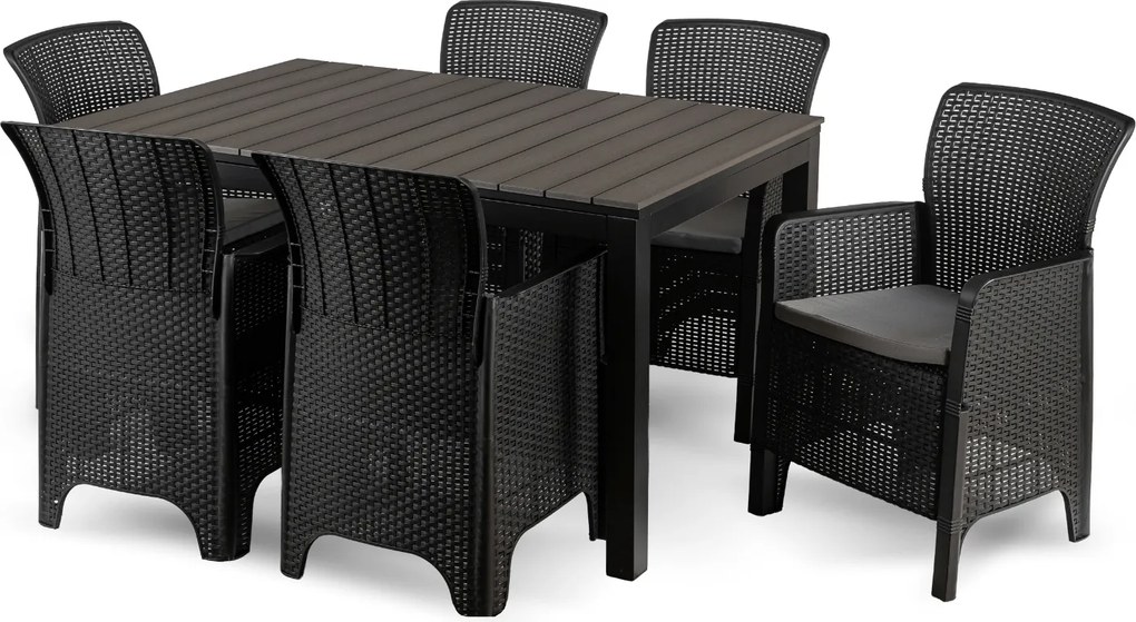 Zestaw Mebli Ogrodowych Stół ARGOS 140-180 cm Ciemnoszary Dąb/Czarny i 6x Fotel FRESNO Czarny Technorattan Nowoczesny