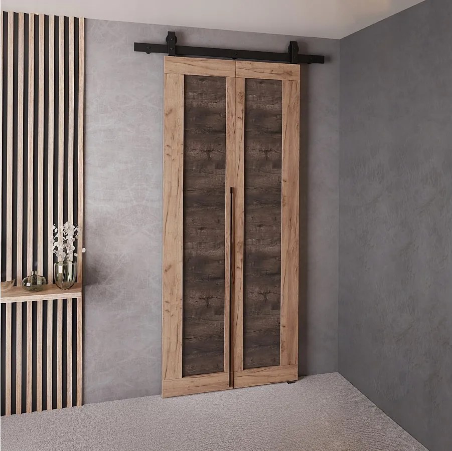 Drzwi Przesuwne QUDIO M1 Dąb Craft Złoty + Jesion Ciemny 70