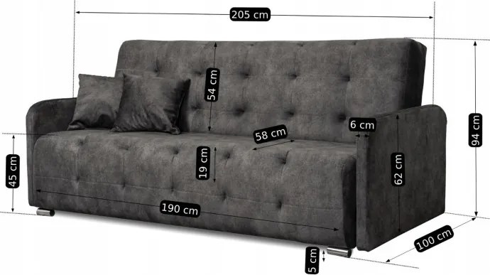 Sofa z Funkcją Spania ARIA Wersalka Rozkładana Dwuosobowa Welurowa Szara Nowoczesna do Salonu