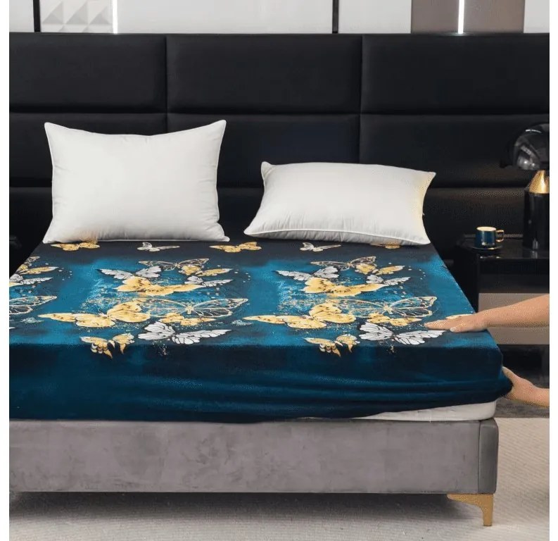PrzytulneMieszkanie.pl Prześcieradło z mikropluszu ZŁOTO I BIAŁY MOTYL 180x200 cm ciemnozielony