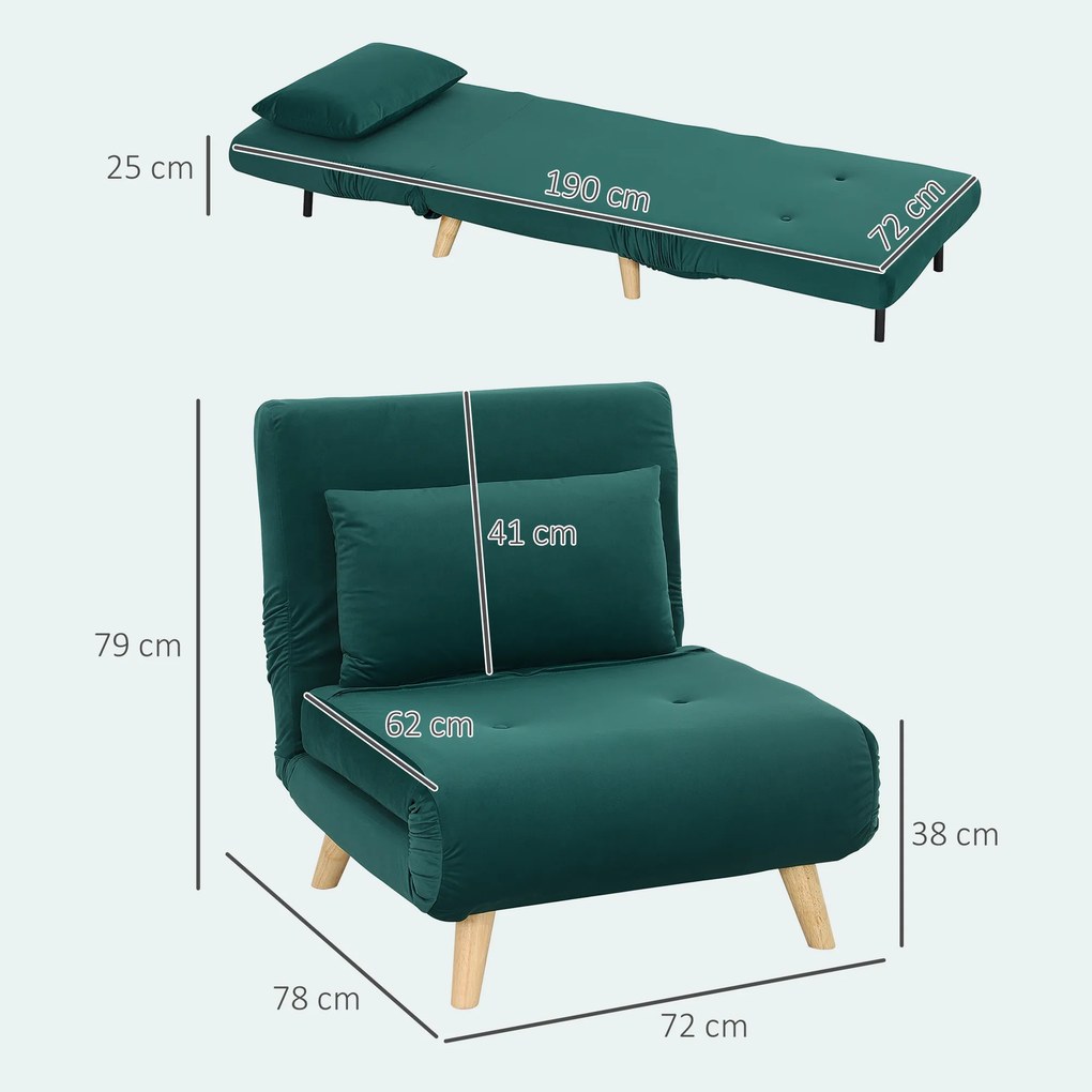 HOMCOM składany fotel z funkcją spania z poduszką, w aksamitnym wykończeniu regulowane oparcie do 120 kg 72x78x79 cm ciemnozielony | Aosom PL