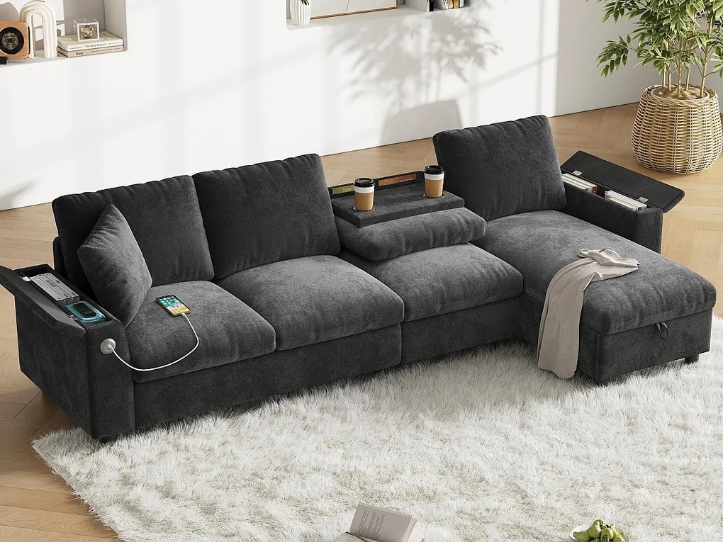 Nowoczesna narożna kanapa w kształcie litery L - z 2 uchwytami na kubki - 1 port USB i 1 port Type-C - z 2 podłokietnikami z schowkiem - Tkanina z weluru - ​​Szary​