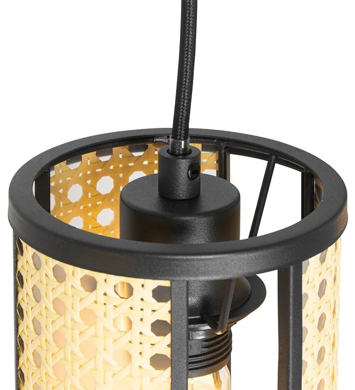 Orientalna lampa wisząca czarna z rattanu 3-światłowa owalna - AkiraKolonialny Oswietlenie wewnetrzne