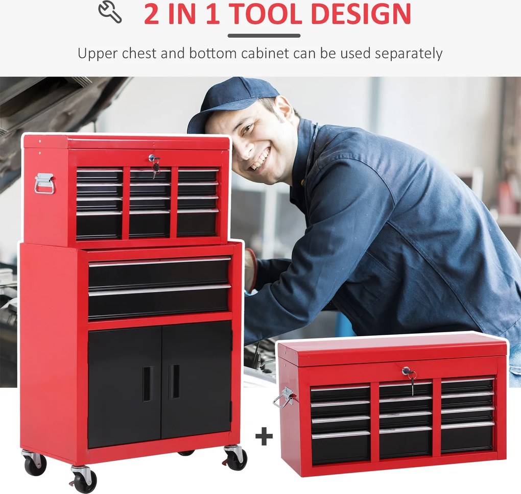 HOMCOM Szafka na narzędzia z skrzynką, na kółkach, 6 szuflad, Metal, Czerwona