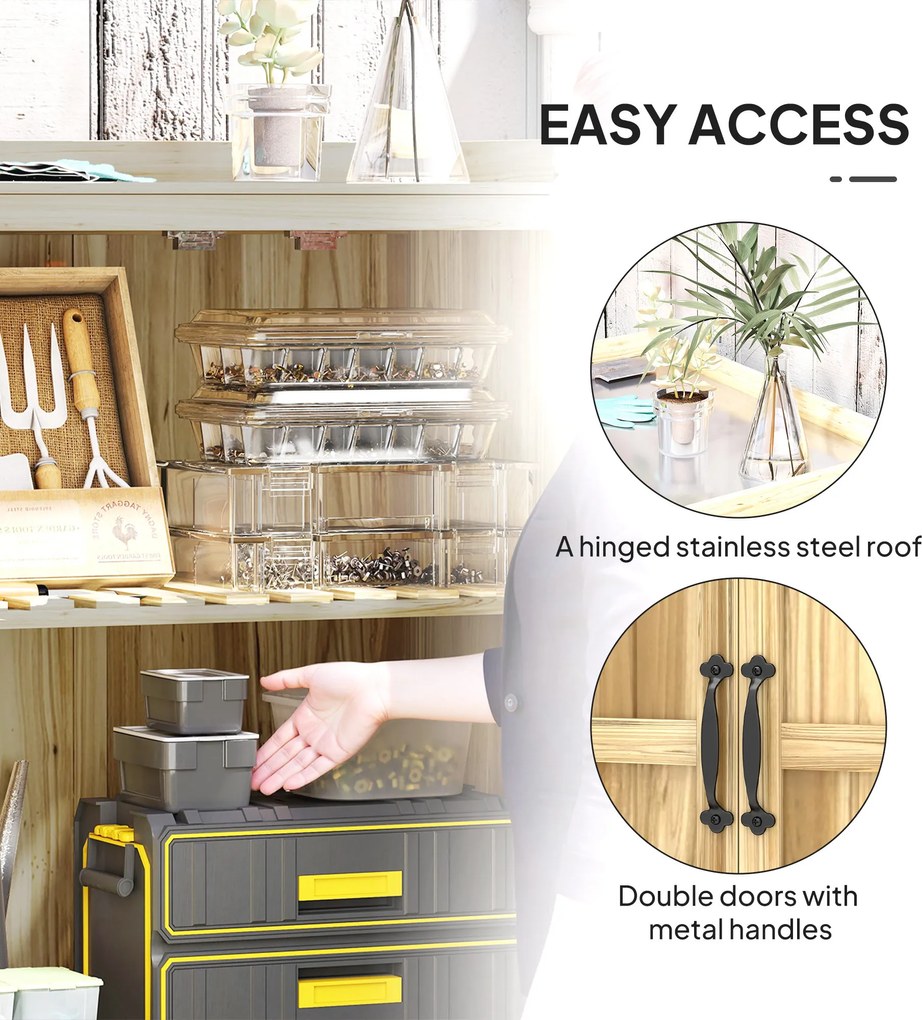 Outsunny Szafka Ogrodowa, Szafka na Narzędzia do Zewnętrznego Użytku, z Powierzchnią Pracy, Drewno i Stal Nierdzewna, Podwójne Drzwi, Drewno Naturalne