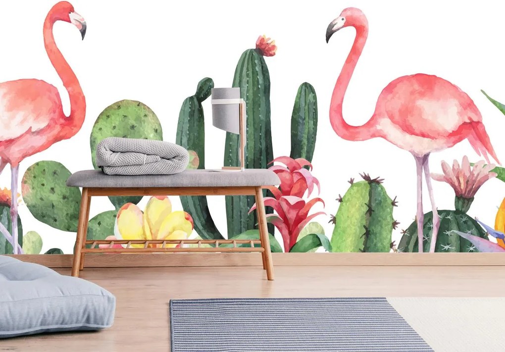 Fototapeta - Flamingi w kaktusach, akwarela (196x136 cm)