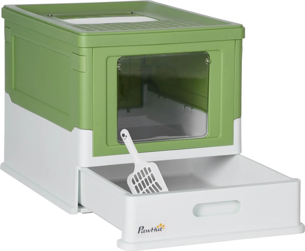 PawHut Kuweta dla Kota, Składana, z 2 Drzwiami i Łopatką, 47,5x35,5x36,7cm, Biały/Zielony
