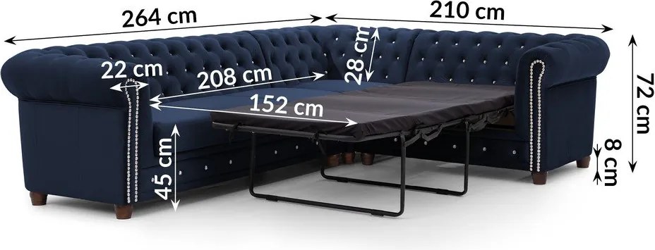 Niebieski aksamitny rozkładany narożnik (prawostronny/w kształcie litery L) York Blik – Ropez
