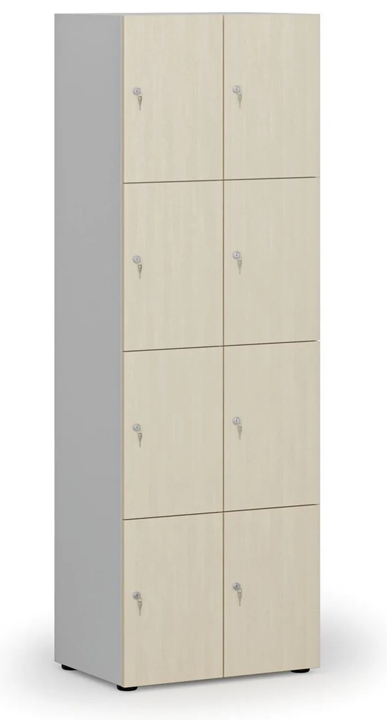 Drewniana szafka skrytkowa S4, 8 schowków, demontaż, zamek cylindryczny, szary/brzoza