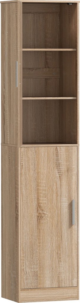 HOMCOM 180 cm wysoka szafka łazienkowa, wąska szafka z 2 drzwiami, 4 regulowane półki, płyta wiórowa, MDF, drewno naturalne | Aosom PL