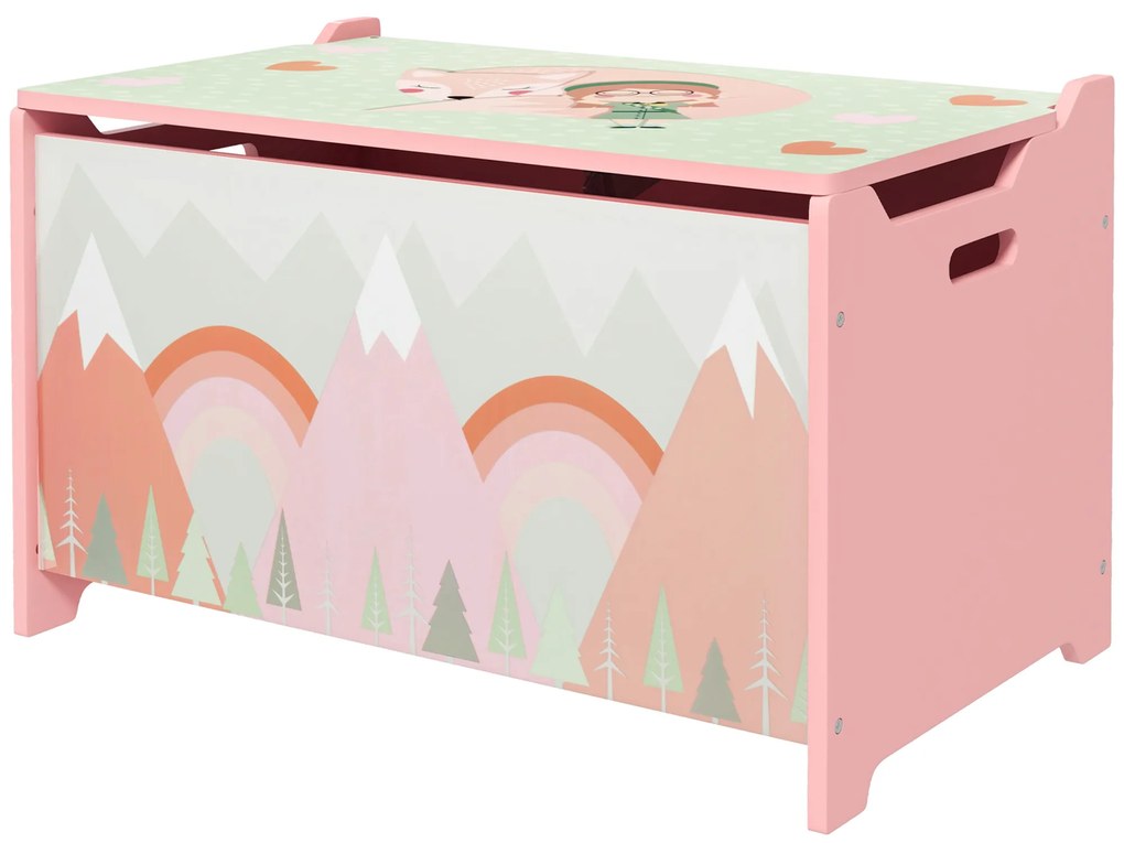 ZONEKIZ Pojemnik do przechowywania z miejscem, Skrzynia na zabawki z wiekiem i zawiasem zabezpieczającym, uroczy motyw zwierzęcy, 60 x 37 x 39 cm, Różowy
