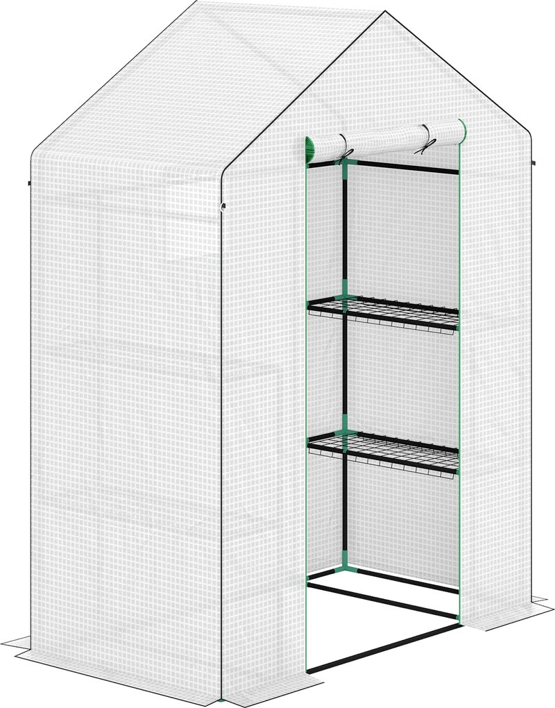 Outsunny Szklarnia z półkami, mini szklarnia, odporna na UV, okna z siatki, drzwi na zamek błyskawiczny, 143Dł x 74S x 190W cm, Biała
