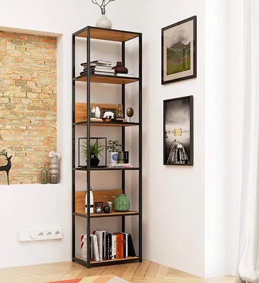 Otwarty regał z 6 półkami w stylu loft czarny + dąb craft P4-P27