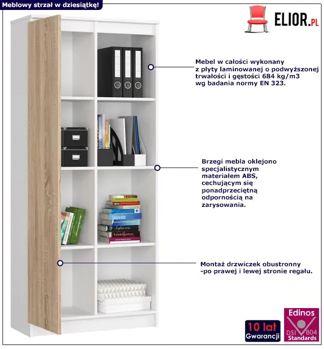 Regał do salonu z drzwiczkami biały + dąb sonoma - Cersal 3X