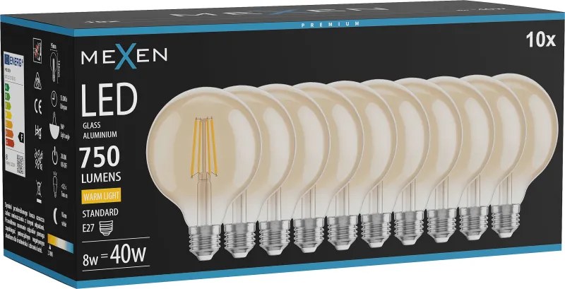 Mexen Vintis 10x żarówka filament LED E27, G95, 8W, Ciepła - 2700K, 750 lm, amber - L157-E27-0827-50x10