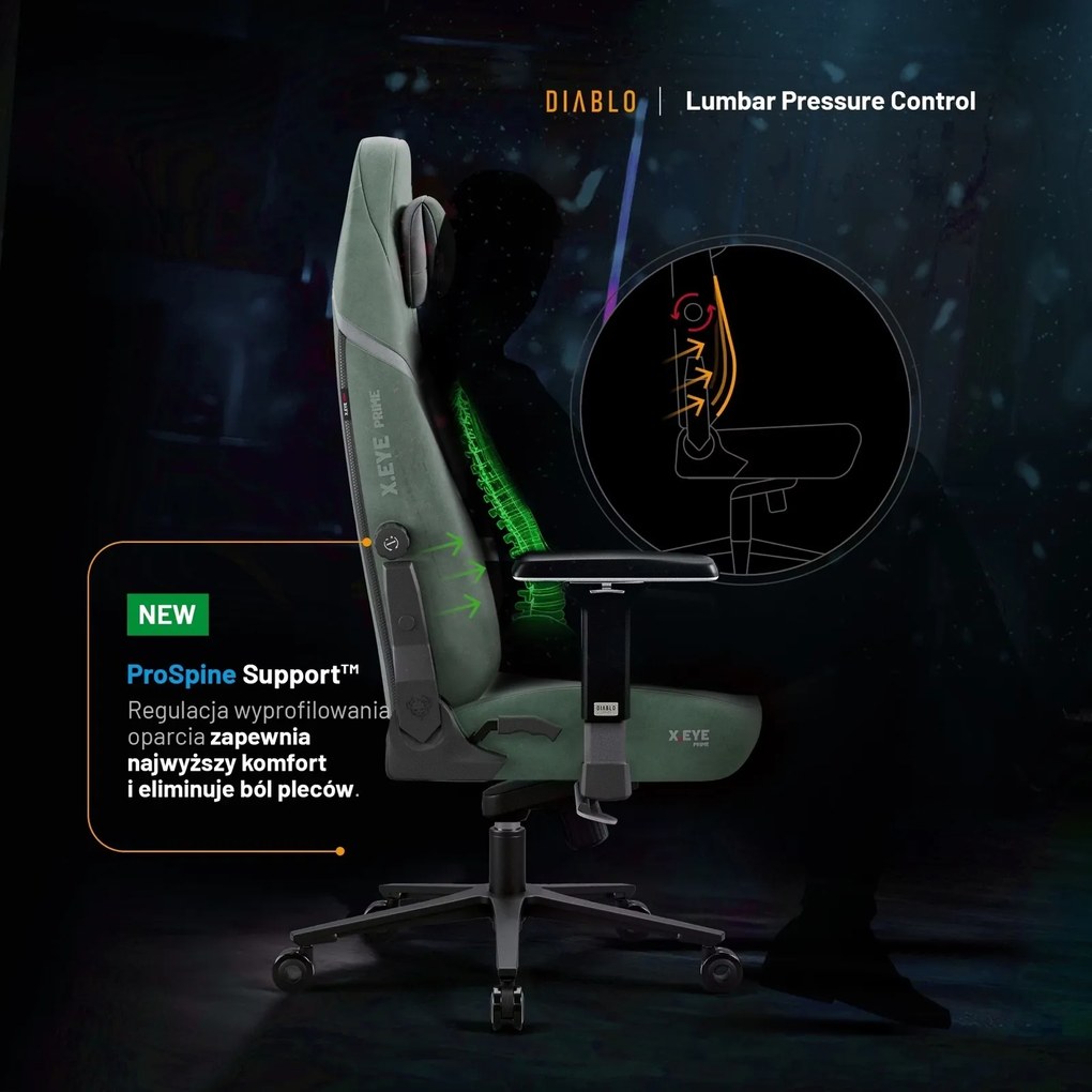 Fotel gamingowy materiałowy Diablo X-Eye Prime Normal Size, Gothic Green