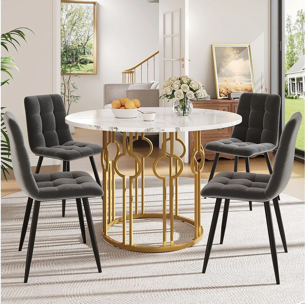 Zestaw 5 stołów i krzeseł do jadalni - 100 x 100 x 76 cm - blat stołu MDF + 4 krzesła welurowe - MDF + Metal - biały