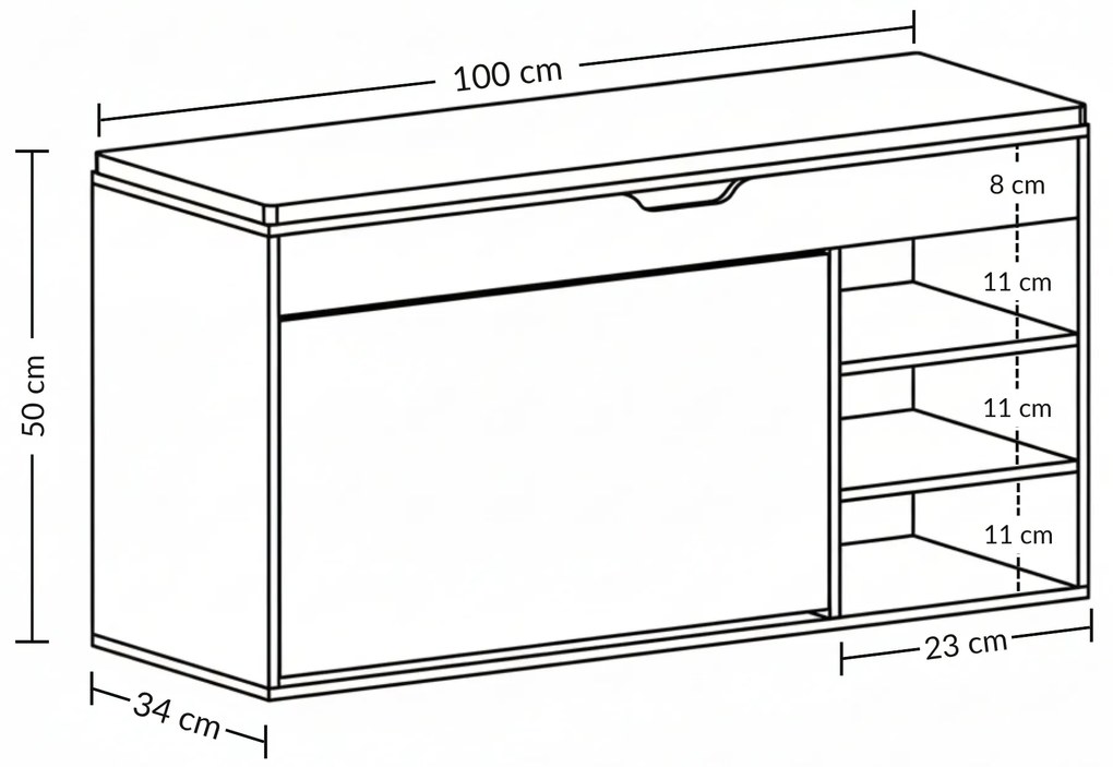 Szafka na buty z siedziskiem i wysuwanymi półkami GRADIA, 100 x 34 x 50 cm
