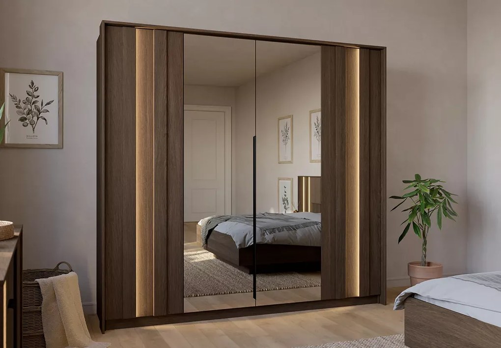 Szafa Dunin 4D z lustrem 223 cm – nowoczesna szafa do sypialni z pojemną przestrzenią i eleganckim wykończeniem