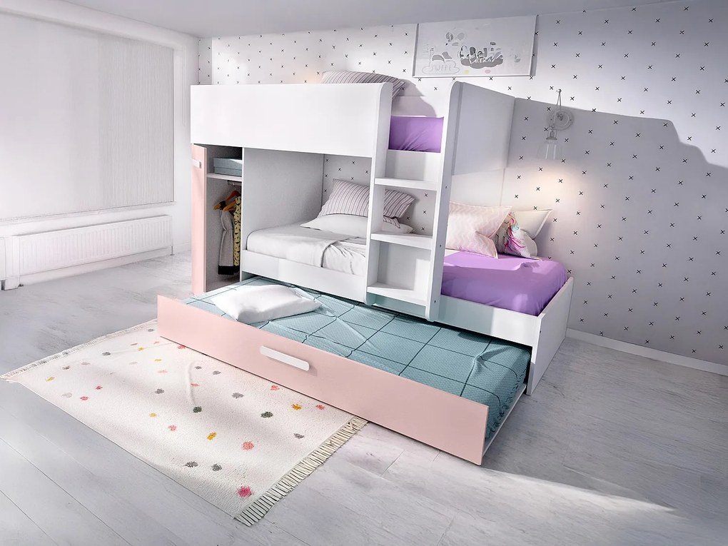 Łóżko piętrowe z łóżkiem wsuwanym  ze skrzynią i - 3 x 90 x 190 cm - Kolor biały, naturalny i różowy - ANTHONY