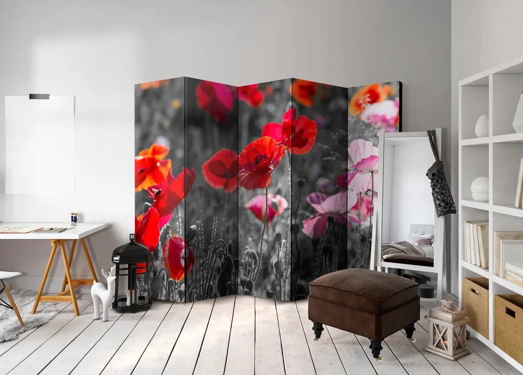 Parawan akustyczny Kwiaty 225x172 cm 5-częściowy szary ARTGEIST B