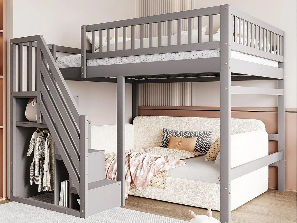 Łóżko mezzanine 140x200cm - ze schodami z miejscem do przechowywania - drewno lite + sklejka + MDF - Szary