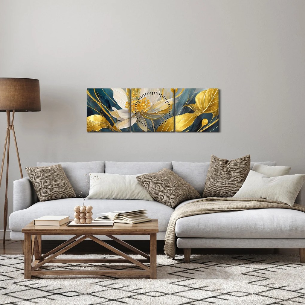 Obraz - Malowanie złotych kwiatów (z zegarem) (90x30 cm)