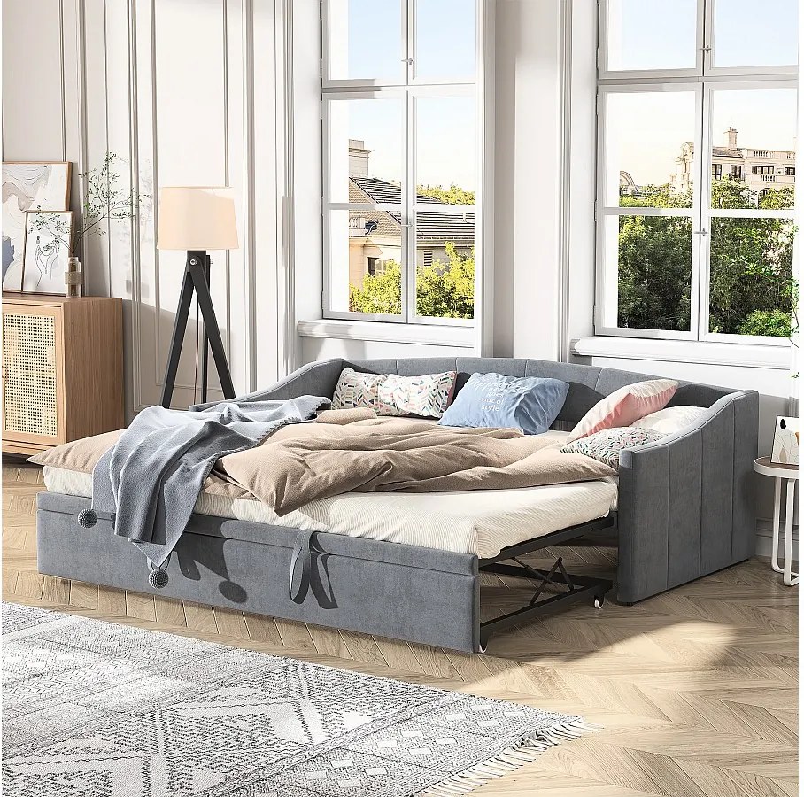 Łóżko wysuwane 90/180x200 cm - łóżko rozkładane z stelażem z listew - w tkaninie aksamitnej - Szare