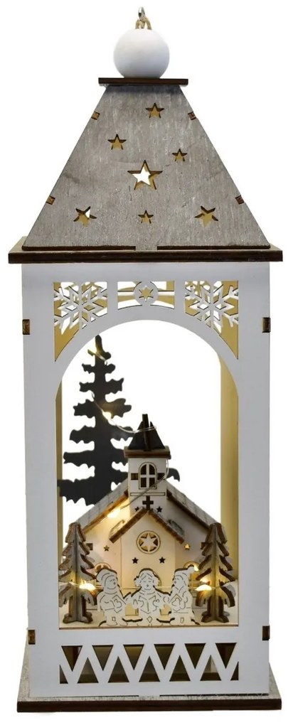 Drewniana latarnia z motywem świątecznym i oświetleniem LED, 11 x 29 cm, ciepła biel