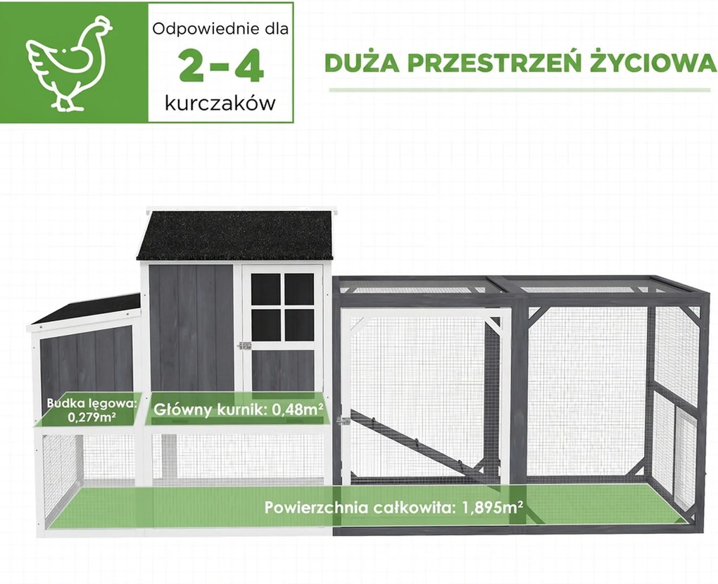 PawHut Kurnik z wybiegiem dla 3-4 kur, 3-częściowe gniazdo, 1,9 m² powierzchni, drewno jodłowe, szary